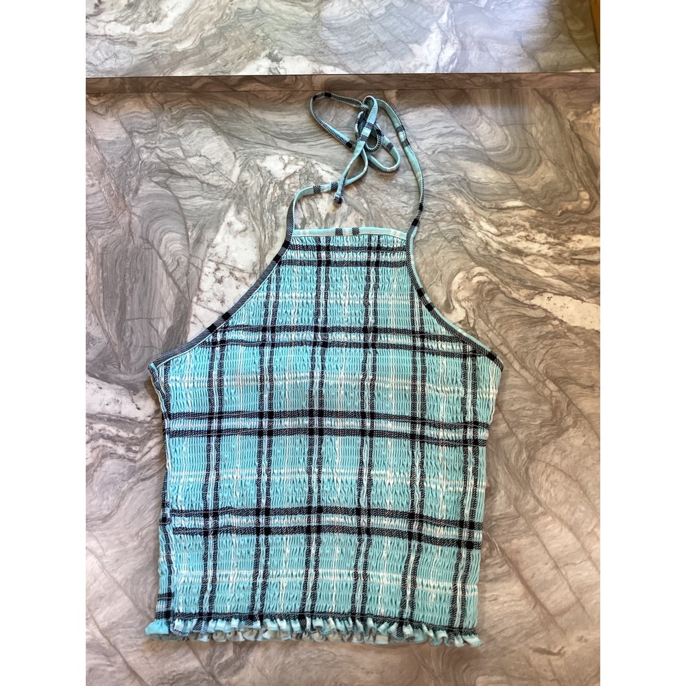 Rue21 Womens Blue Plaid Smocked Halter Top Lettuce Edge Hem‎ Size Medium